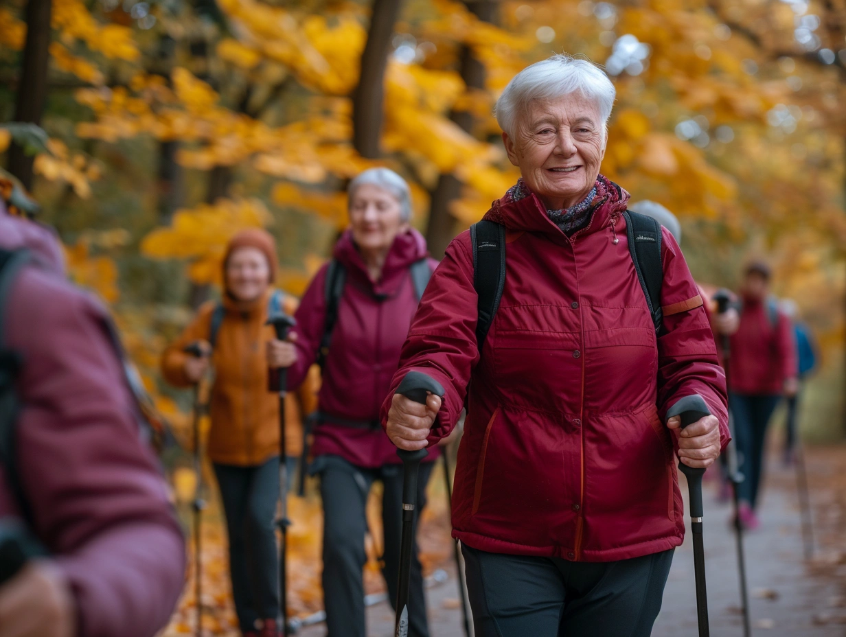 Пенсіонери займаються скандинавською ходьбою в парку
